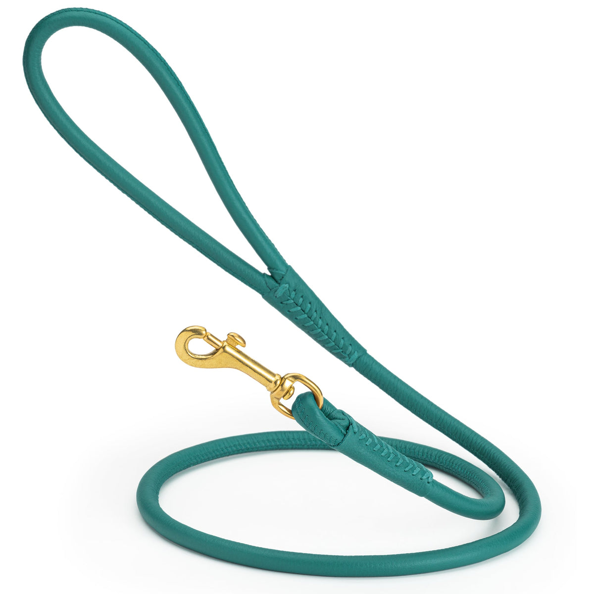 Rolled Leather Dog Leash with Brass Snap Hook – Soft Round Leather Lead – Teal