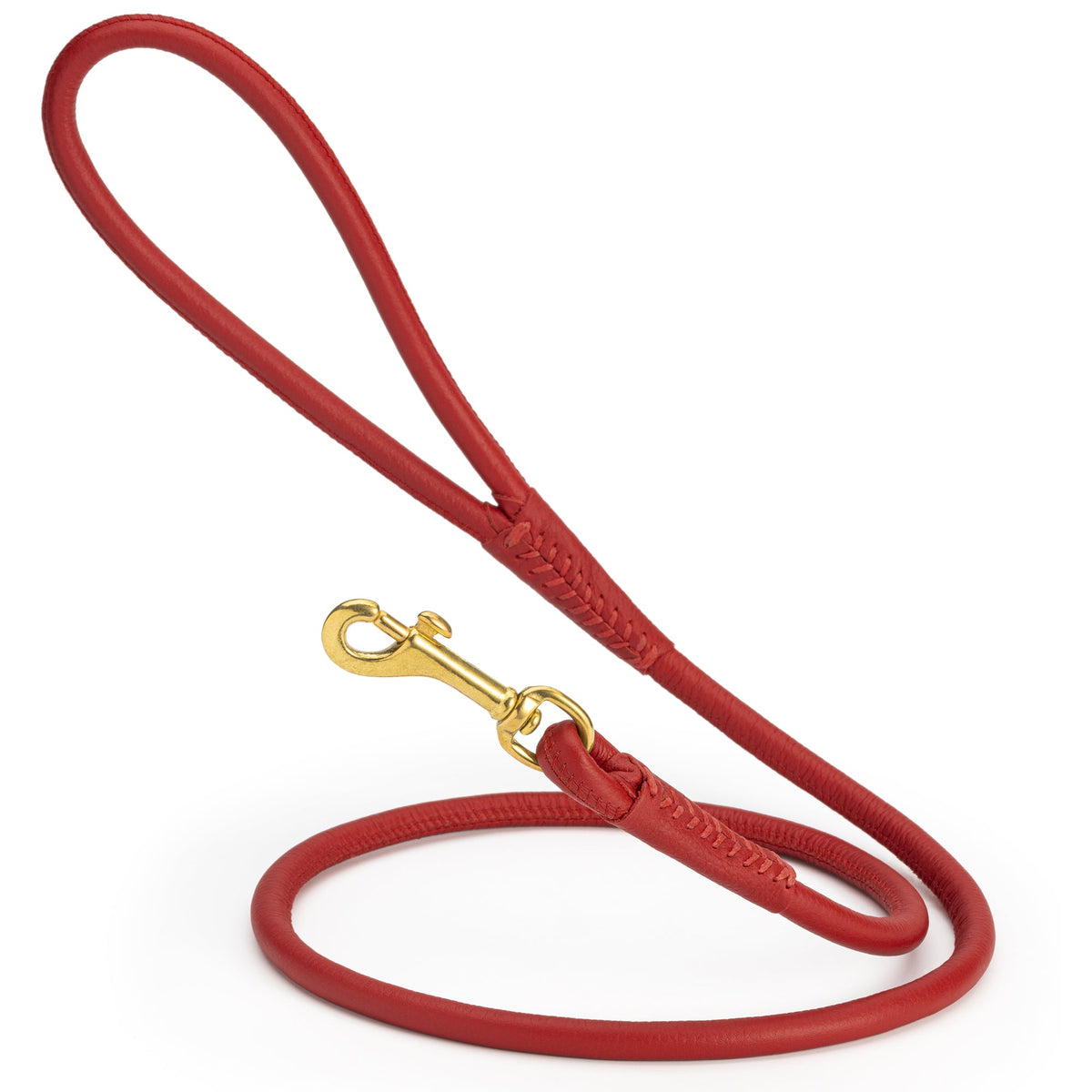 Rolled Leather Dog Leash with Brass Snap Hook – Soft Round Leather Lead – Red