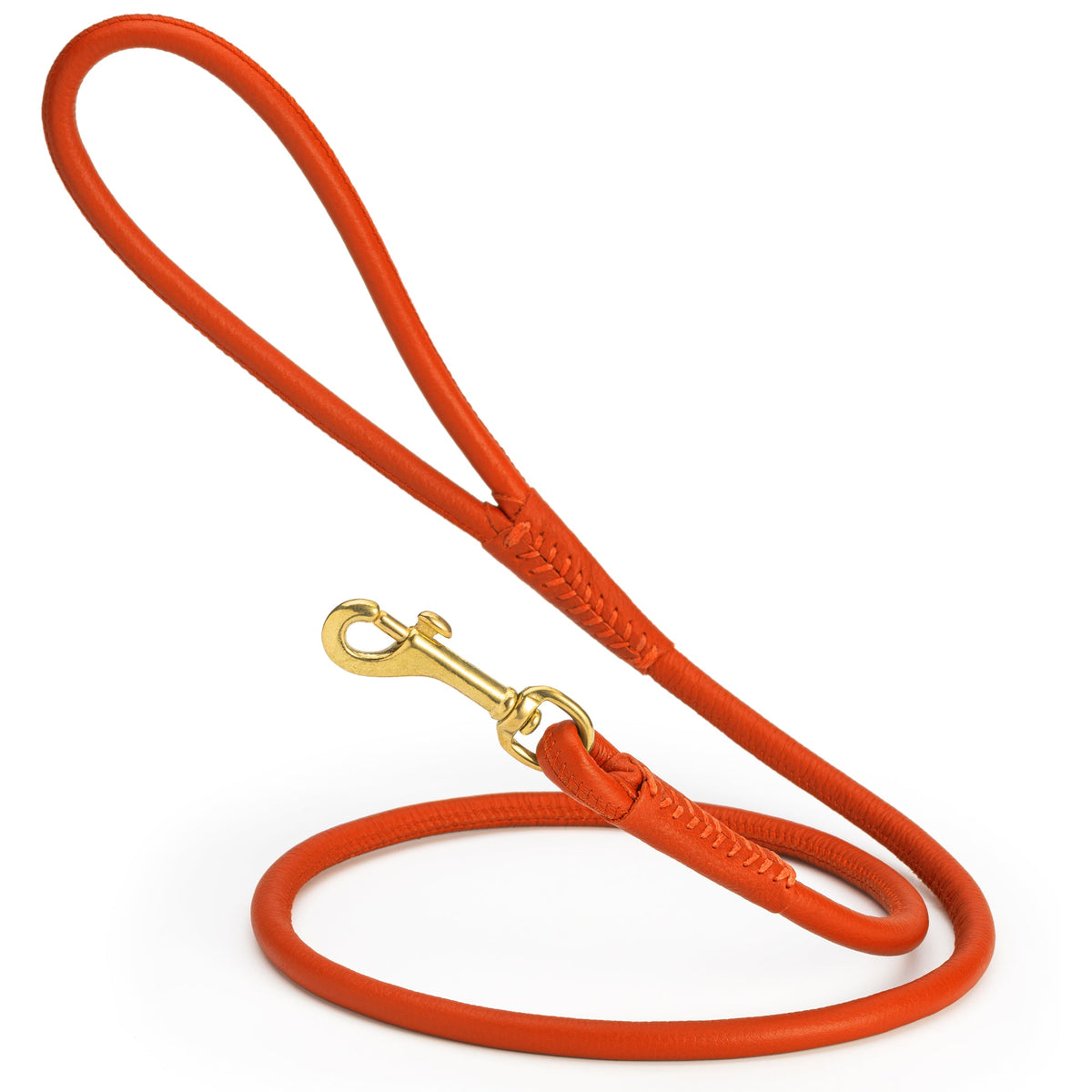 Rolled Leather Dog Leash with Brass Snap Hook – Soft Round Leather Lead – Orange