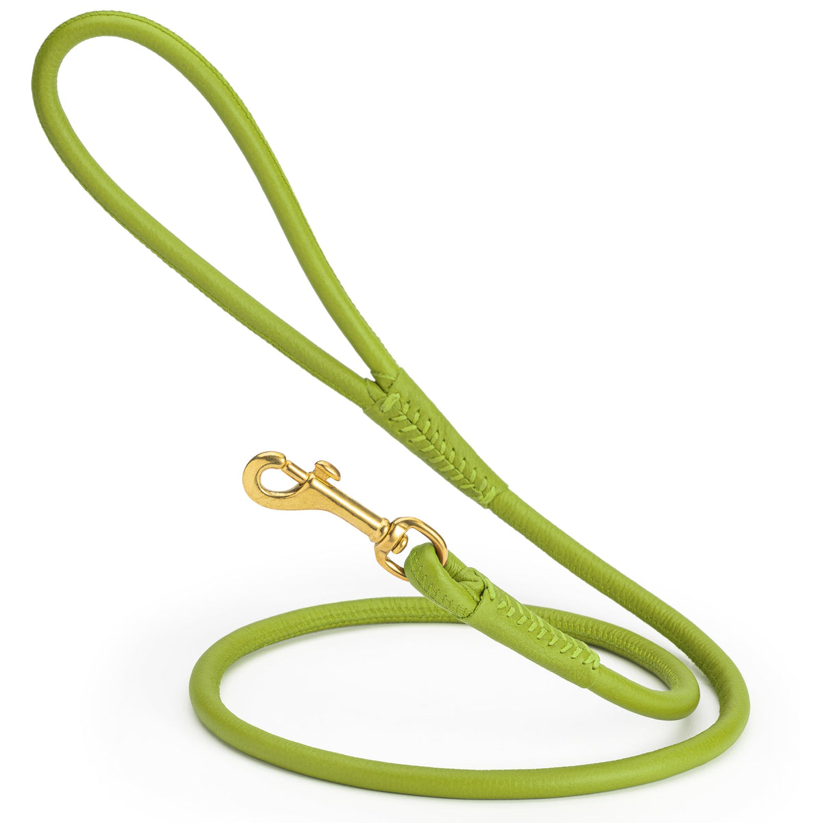 Rolled Leather Dog Leash with Brass Snap Hook – Soft Round Leather Lead – Lime Green
