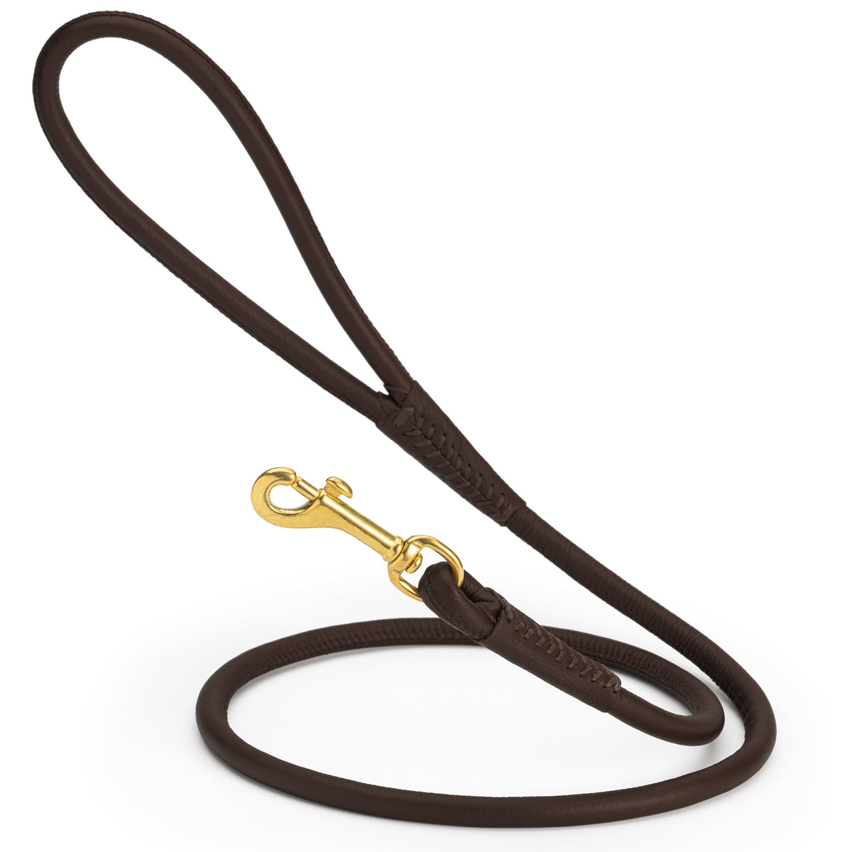 Rolled Leather Dog Leash with Brass Snap Hook – Soft Round Leather Lead – Dark Brown