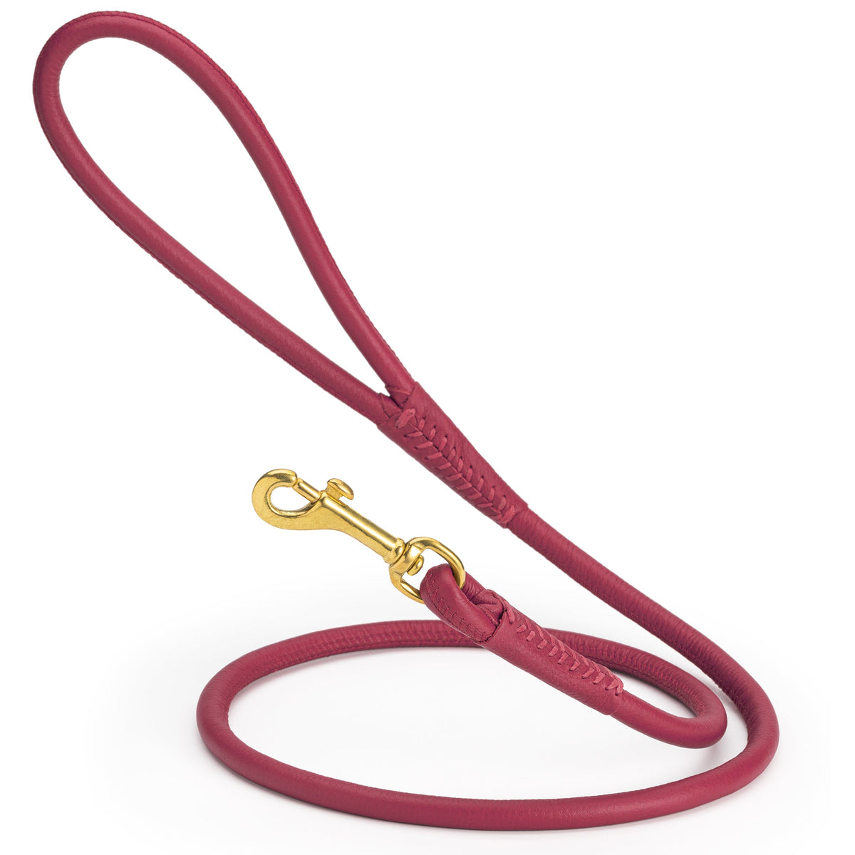 Rolled Leather Dog Leash with Brass Snap Hook – Soft Round Leather Lead – Pink
