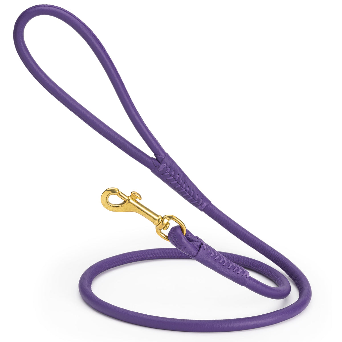 Rolled Leather Dog Leash with Brass Snap Hook – Soft Round Leather Lead – Purple