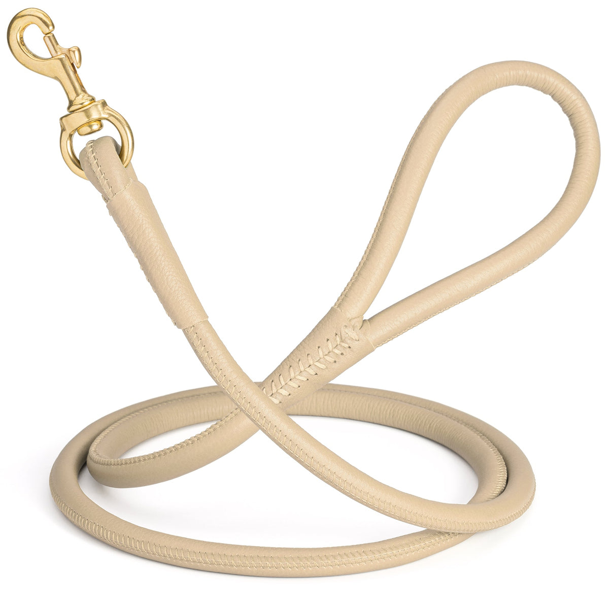 Rolled Leather Dog Leash with Brass Snap Hook – Soft Round Leather Lead – Beige