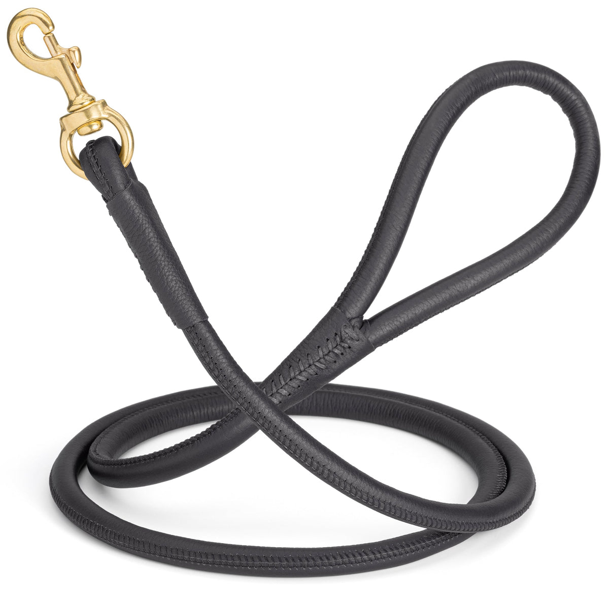 Rolled Leather Dog Leash with Brass Snap Hook – Soft Round Leather Lead – Black