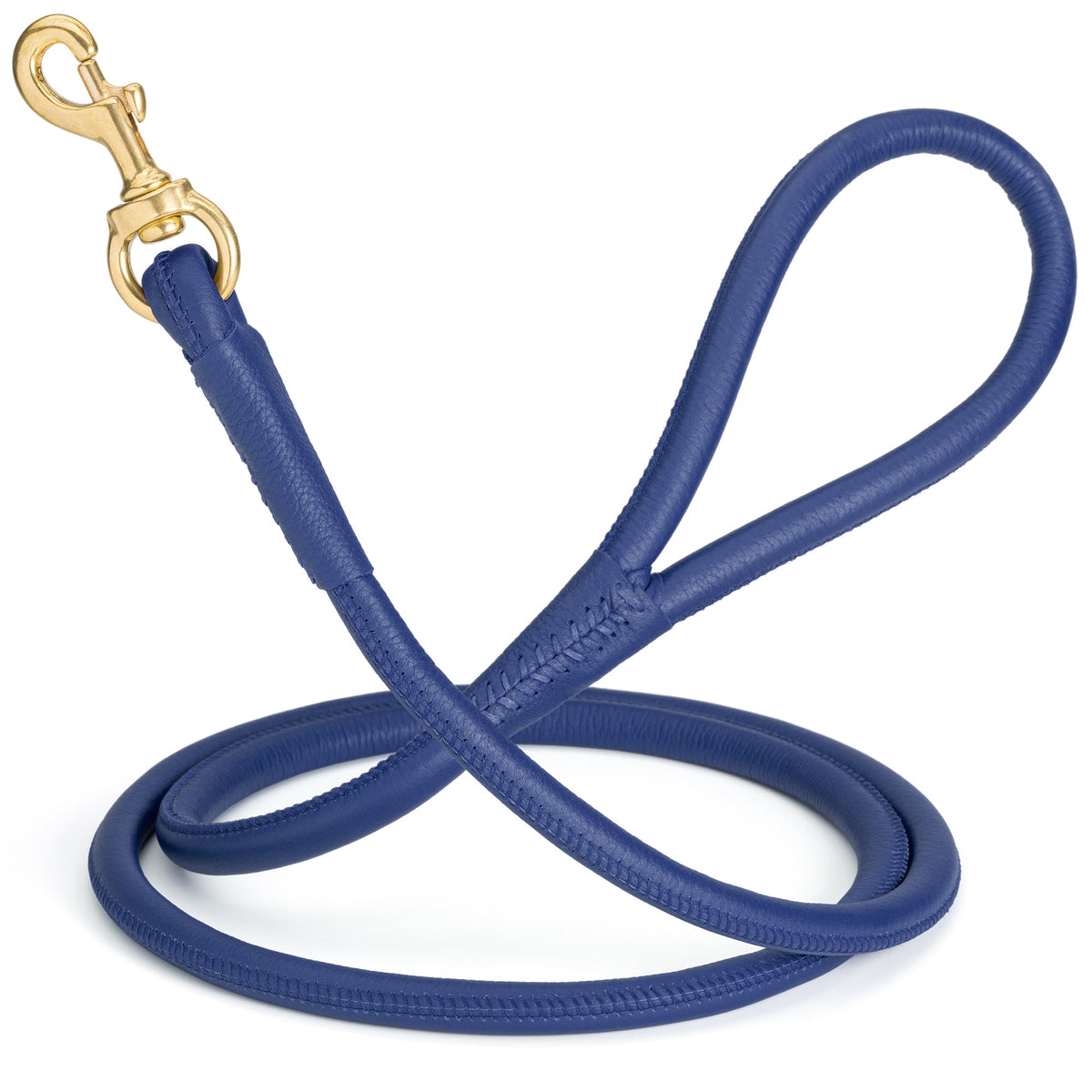 Rolled Leather Dog Leash with Brass Snap Hook – Soft Round Leather Lead – Royal Blue