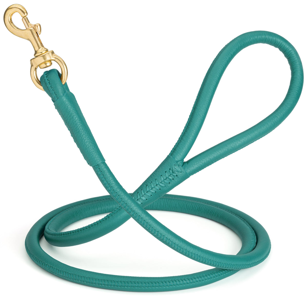 Rolled Leather Dog Leash with Brass Snap Hook – Soft Round Leather Lead – Teal