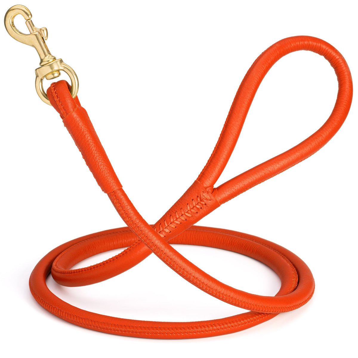 Rolled Leather Dog Leash with Brass Snap Hook – Soft Round Leather Lead – Orange