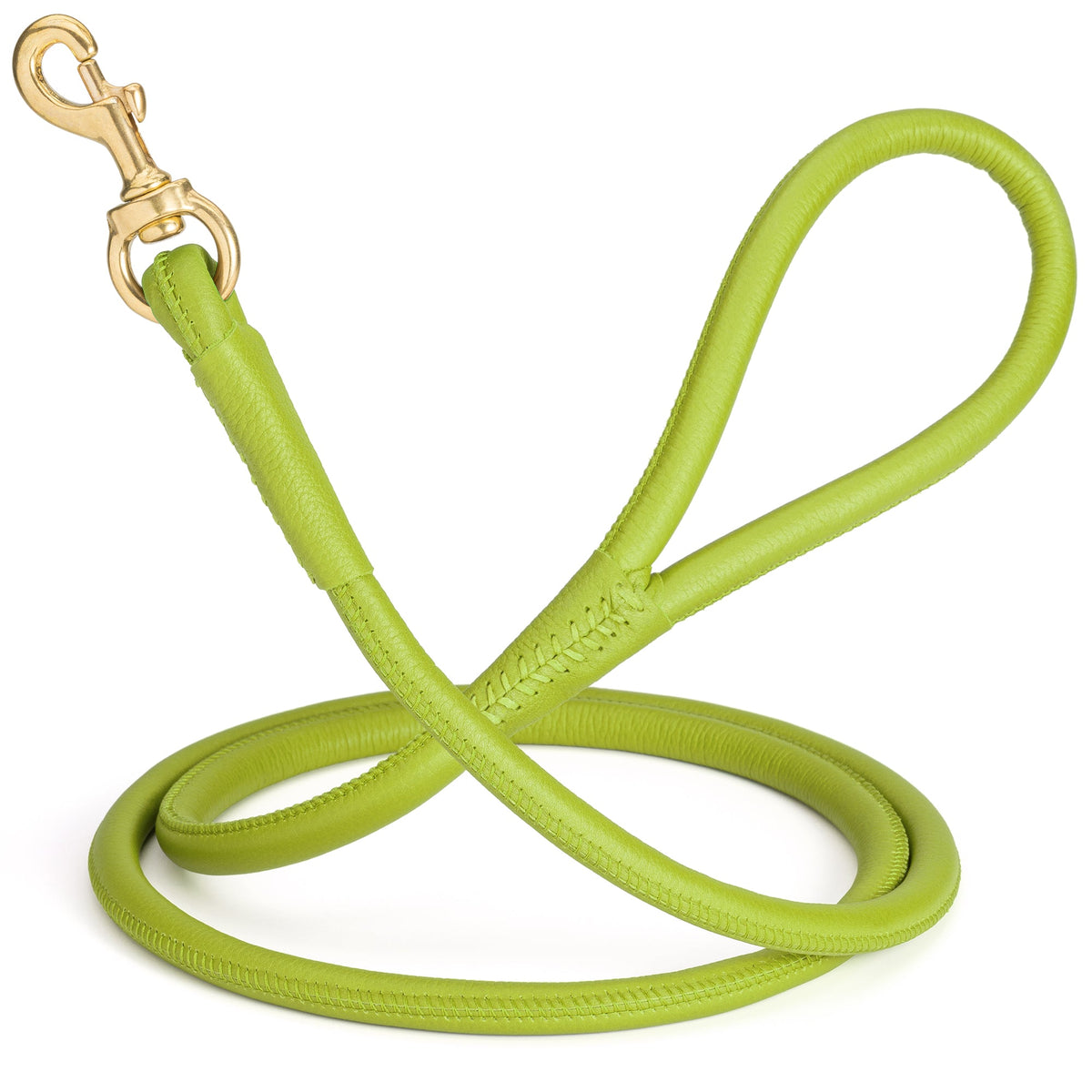Rolled Leather Dog Leash with Brass Snap Hook – Soft Round Leather Lead – Lime Green