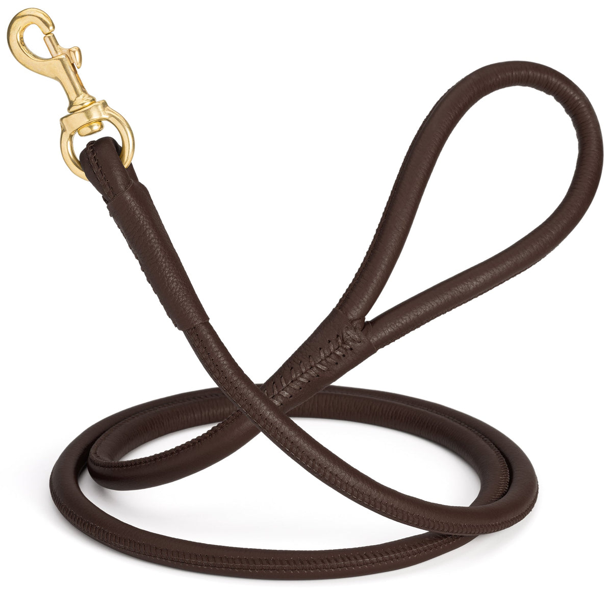 Rolled Leather Dog Leash with Brass Snap Hook – Soft Round Leather Lead – Dark Brown