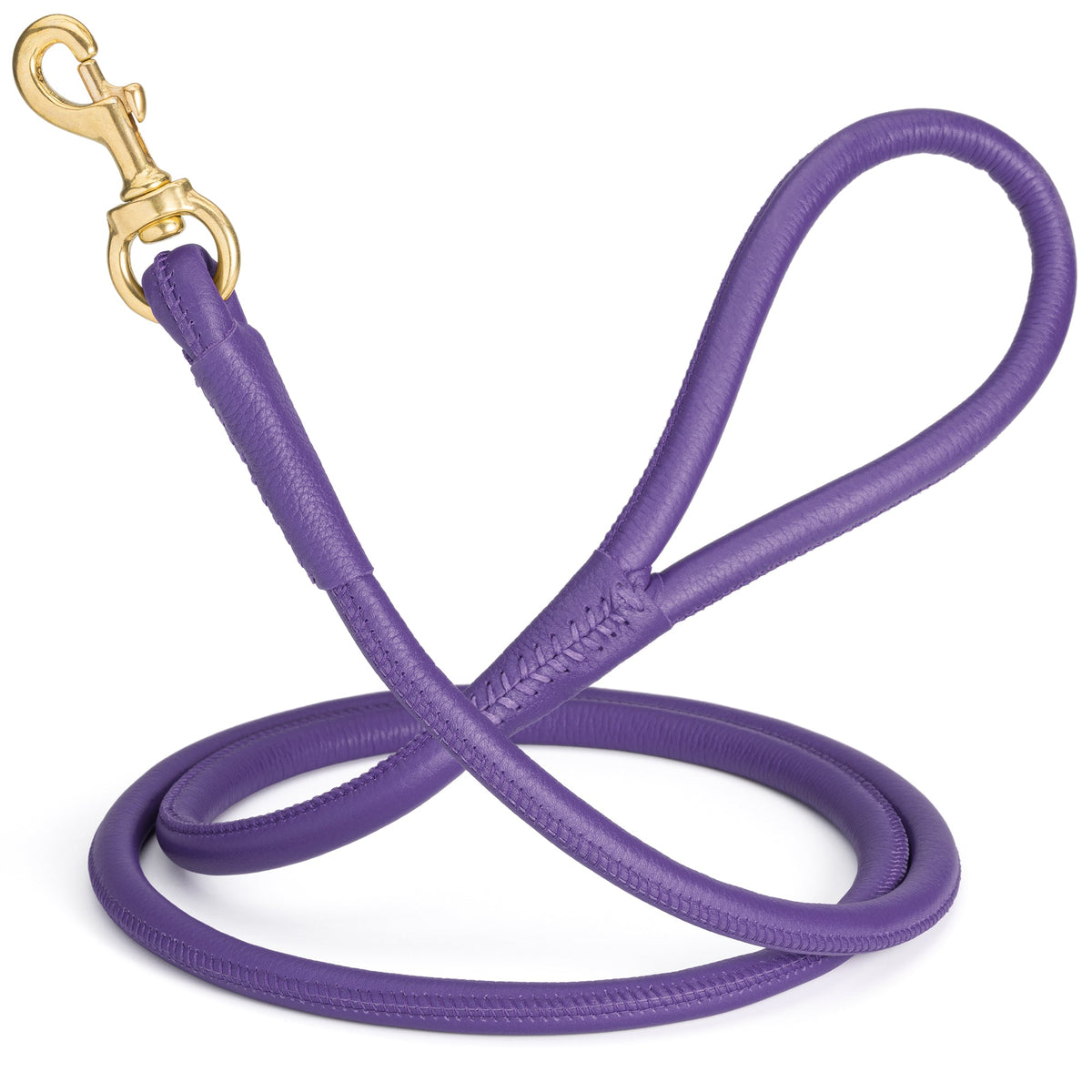 Rolled Leather Dog Leash with Brass Snap Hook – Soft Round Leather Lead – Purple