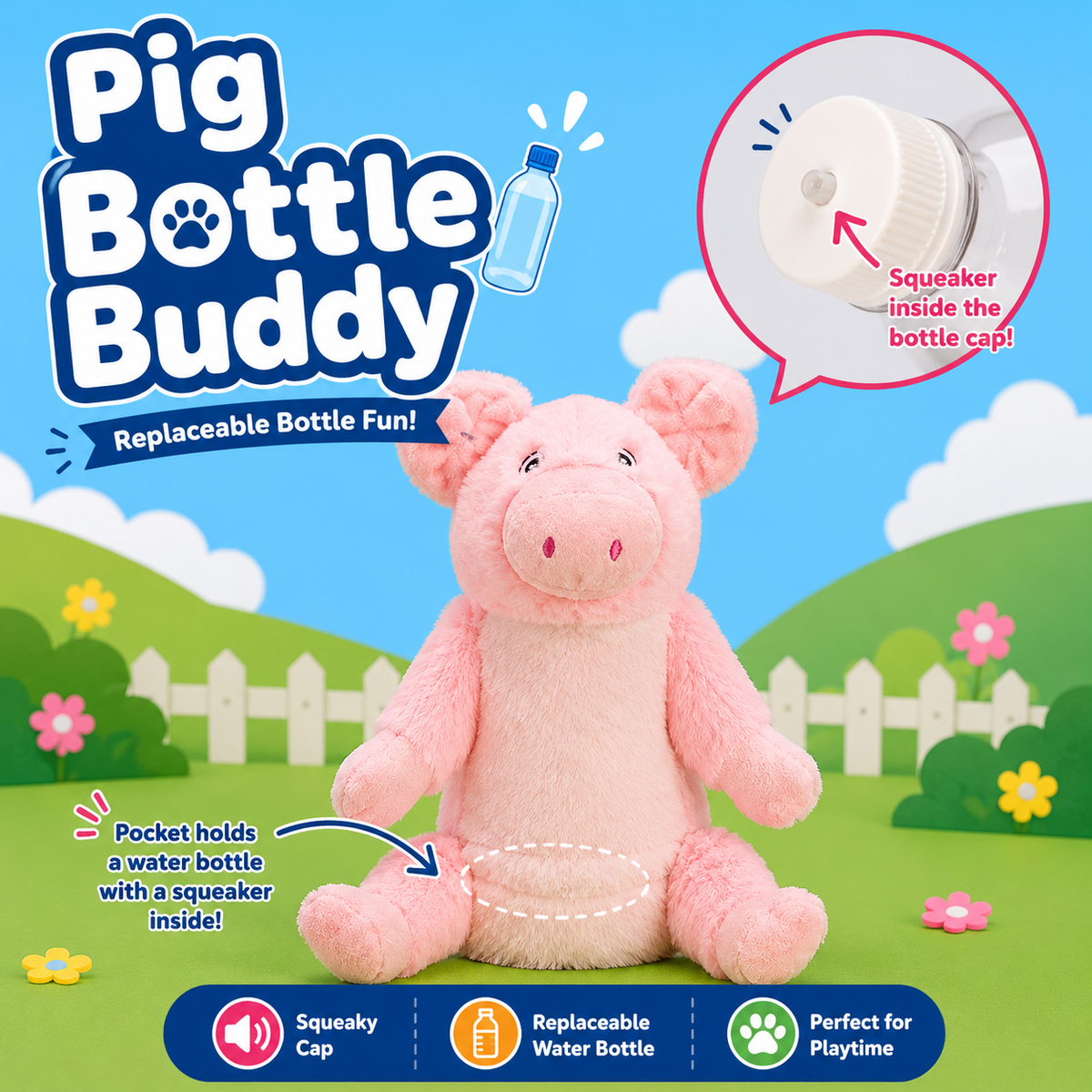 10" Crinkle Water Bottle Dog Toy – Pig & Cow – 10" Pig with Water Bottle