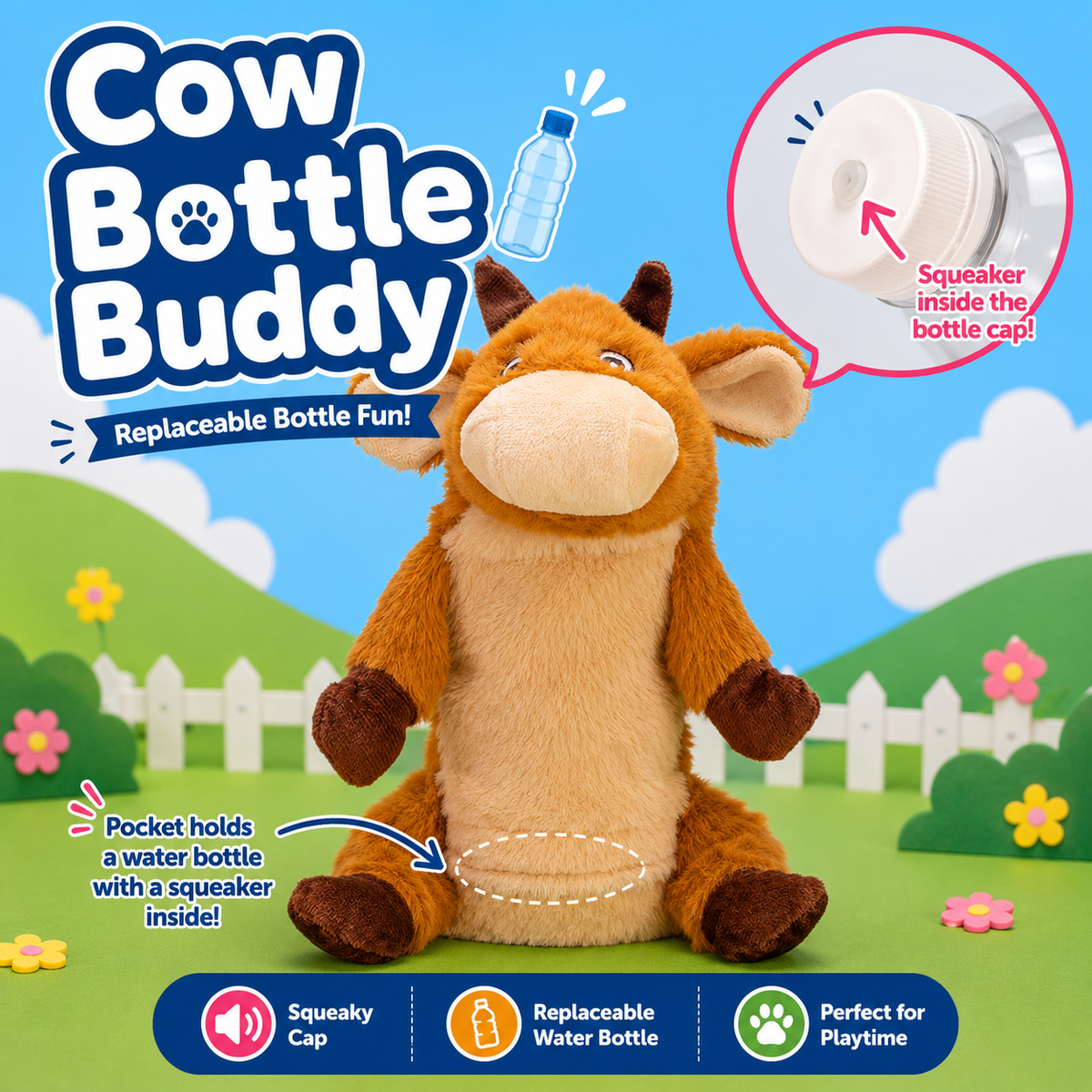 10" Crinkle Water Bottle Dog Toy – Pig & Cow – 10" Cow with Water Bottle