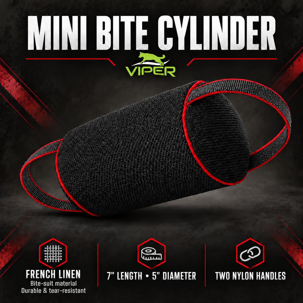 Viper French Linen Cylinder Mini Bite Roll – Puppy & Young Dog Bite Training Tug – Black