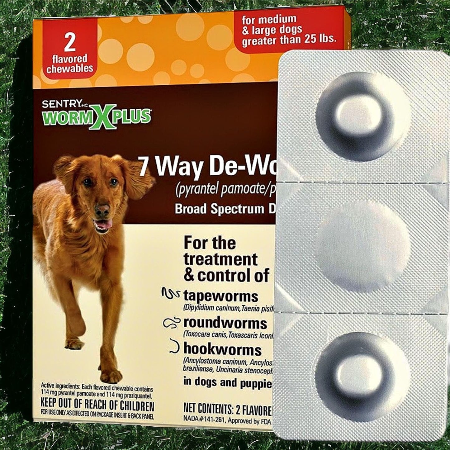 Sentry Worm X Plus broad-spectrum deworming medication for medium and large dogs, packaging with tablets, 2 flavored chewables