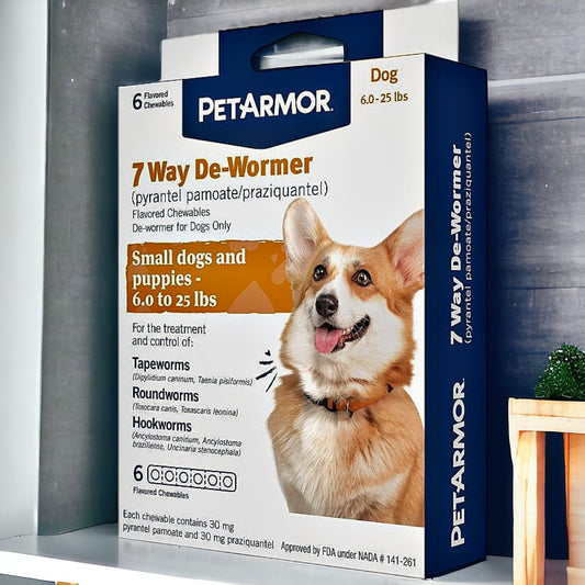 PetArmor 7 Way De-Wormer for Dogs package on shelf, designed for small dogs and puppies 6.0 to 25 lbs, effective treatment for tapeworms, roundworms, hookworms