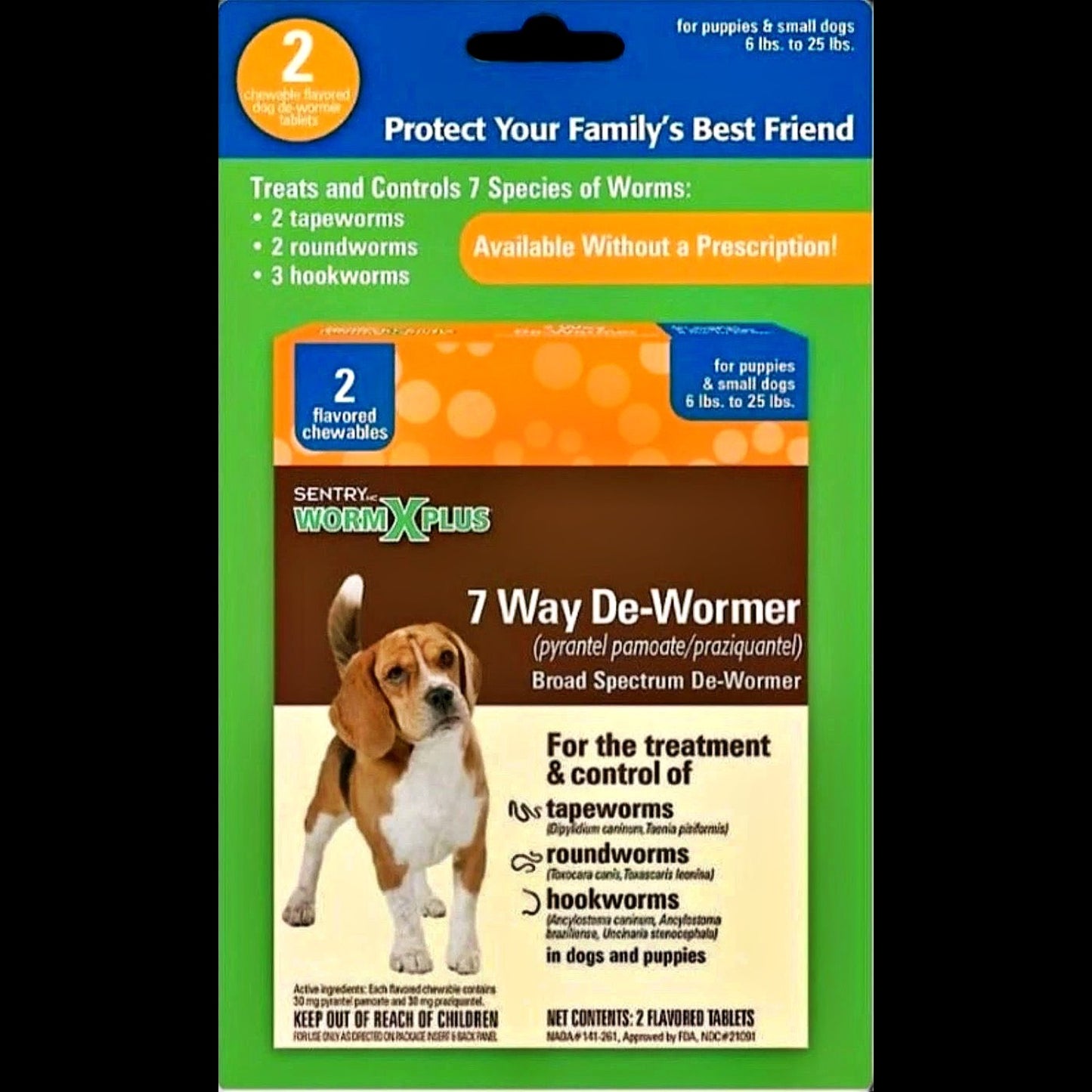 Sentry WormX Plus 7 Way De-Wormer packaging for puppies and small dogs, treats 7 species of worms including tapeworms, roundworms, and hookworms.