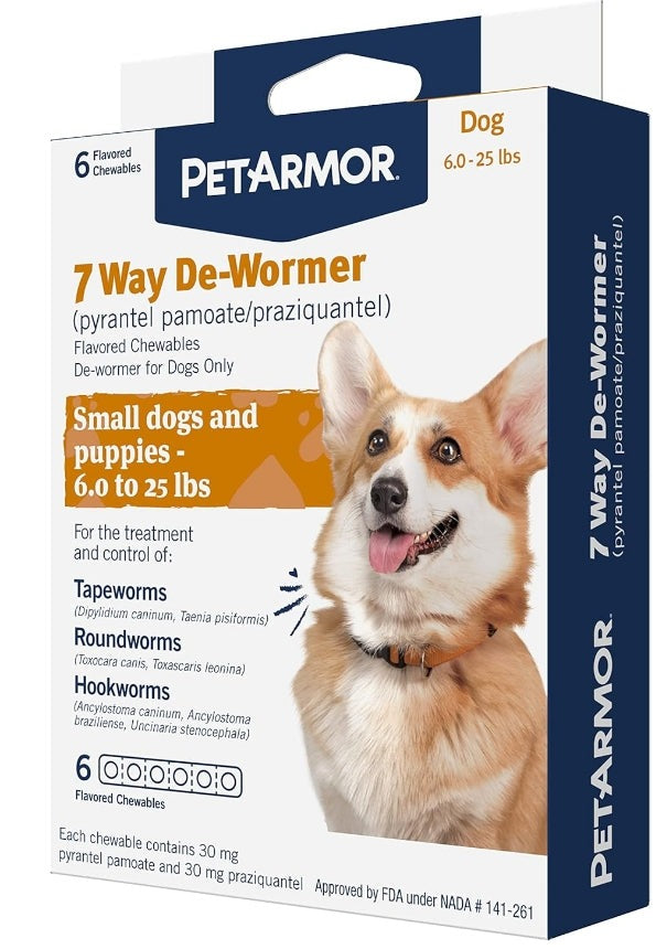 PetArmor 7 Way De-Wormer for Dogs 6 to 25 lbs, treats tapeworms, roundworms, and hookworms, box with dog image