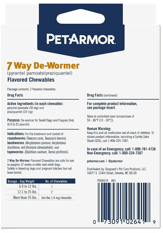 PetArmor 7 Way De-Wormer packaging for small dogs and puppies, treats tapeworms, roundworms, and hookworms, 2 flavored chewables