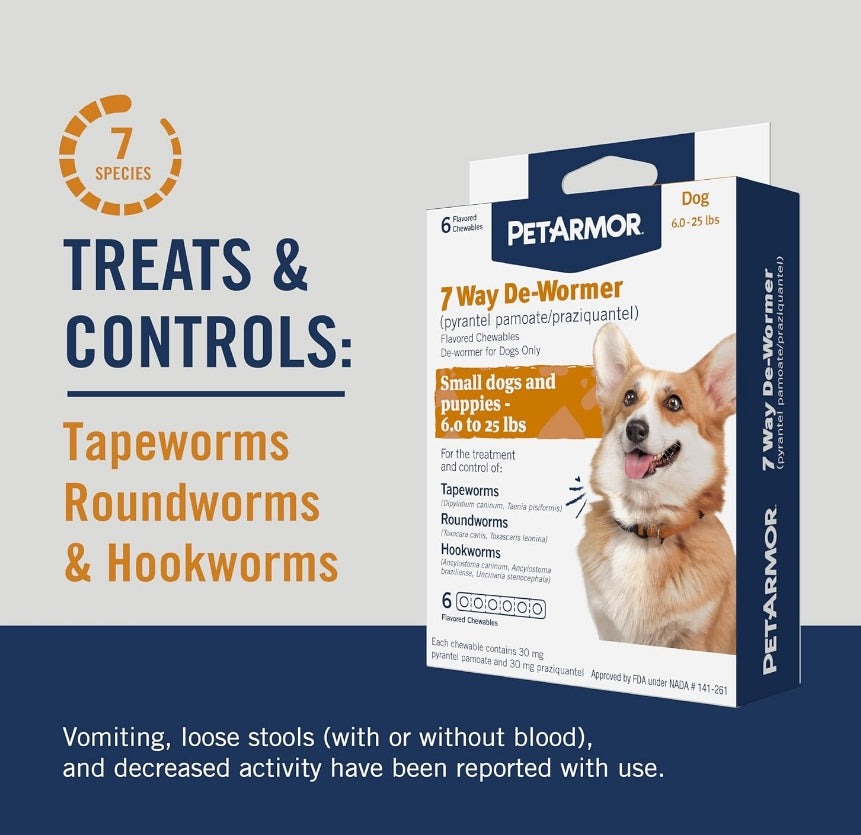 PetArmor 7 Way De-Wormer for Dogs packaging, treats tapeworms, roundworms, and hookworms in small dogs and puppies, 6.0 to 25 pounds.