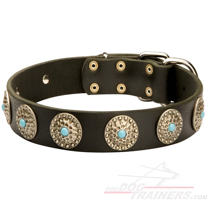 Beautiful Leather Dog Collar Decorated with Blue Stones