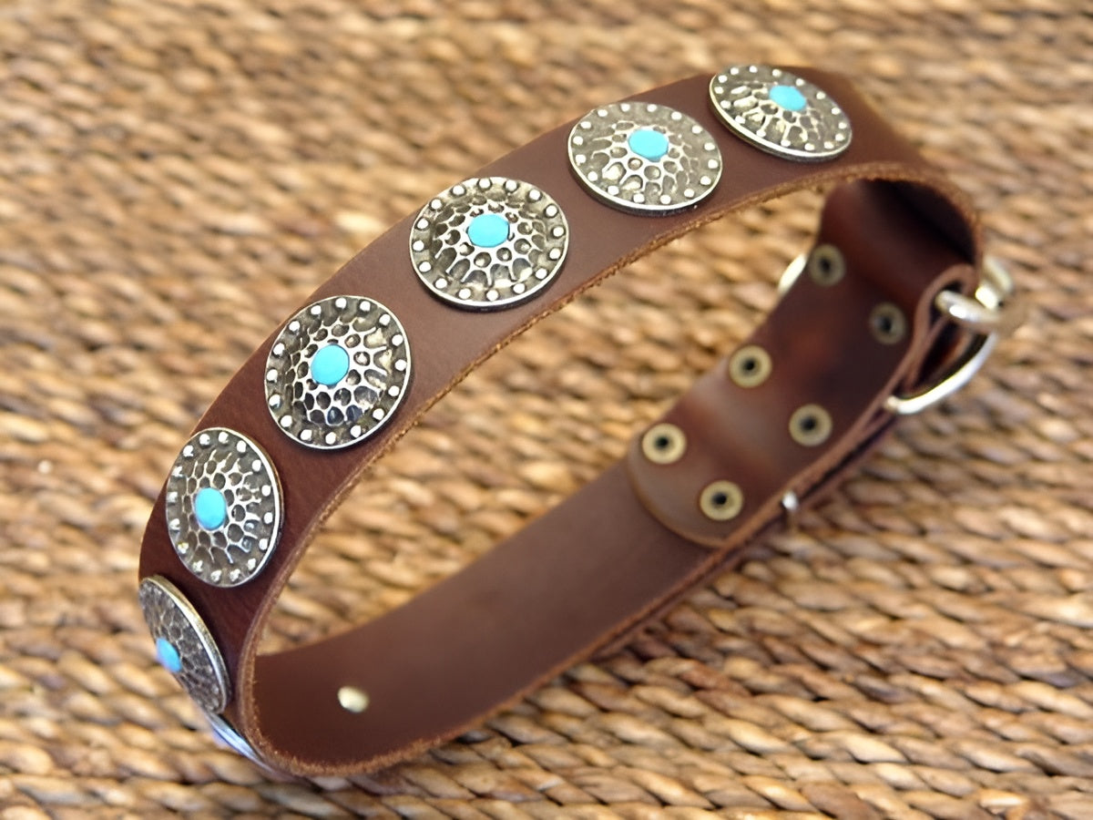 Beautiful Leather Dog Collar Decorated with Blue Stones