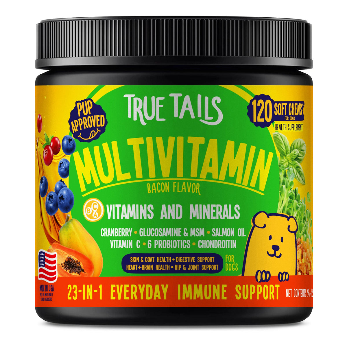 True Tails Multivitamin Chews for Dogs – 120 Count Jar – Bacon