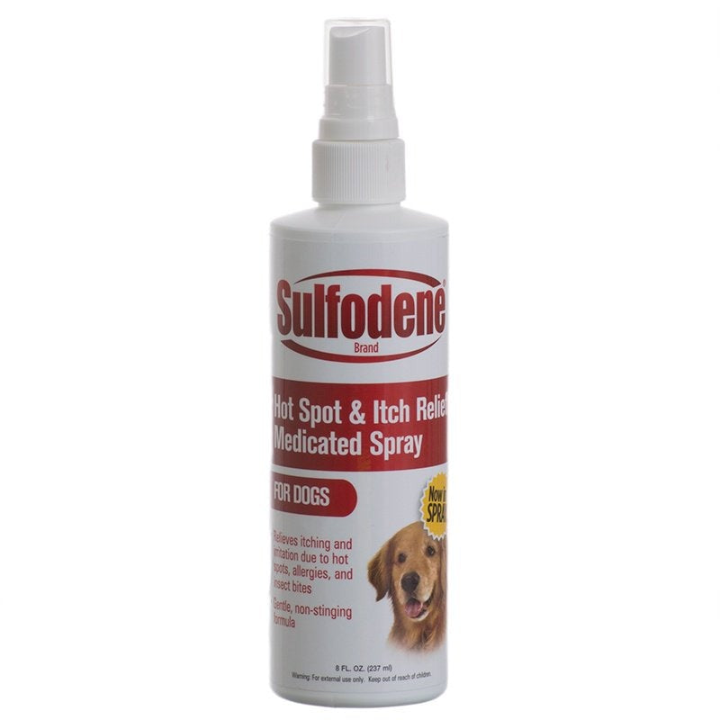 Sulfodene Hot Spot & Itch Relief Spray for Dogs bottle, FDA-approved treatment for hot spots, flea bites, allergies, scrapes, and abrasions.